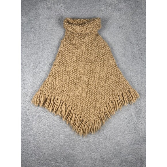 Moda International Poncho HIPPIE BOHO Cable K Wool M/L Fringe Shaggy Tan 70s 80s - Picture 2 of 8
